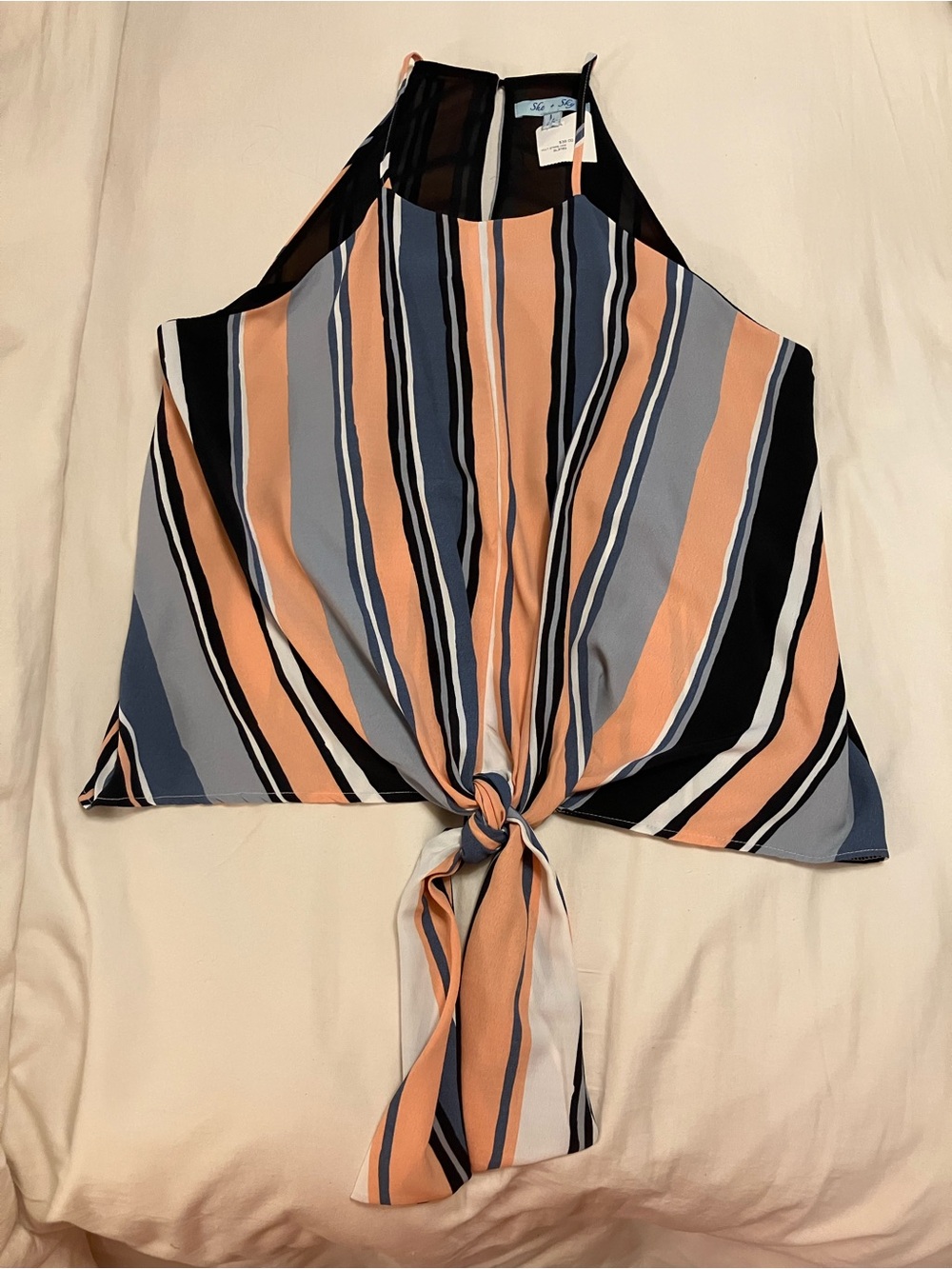 She + Sky Stripe Halter Tie-Front Camisole in Peach, Blue, Black